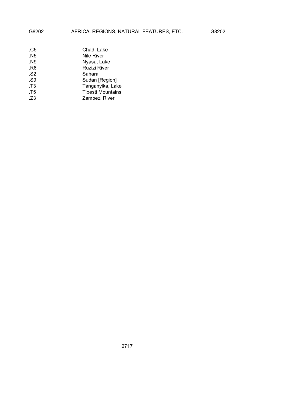 Class G Tables of Geographic Cutter Numbers: Maps -- by Region Or Country -- Eastern Hemisphere -- Africa