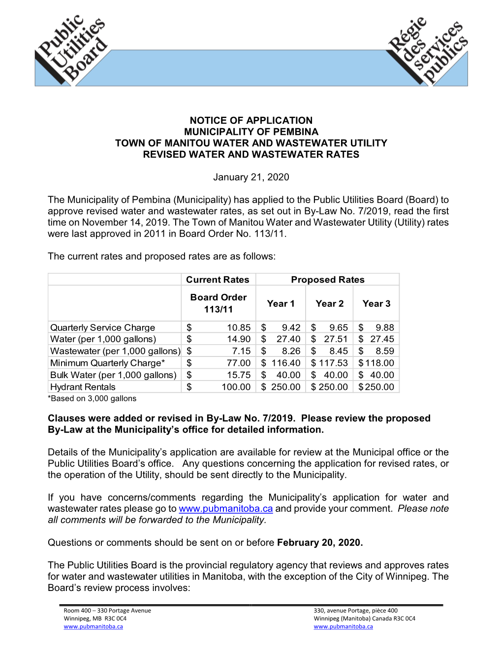 Municipality of Pembina Town of Manitou Water and Wastewater Utility Revised Water and Wastewater Rates