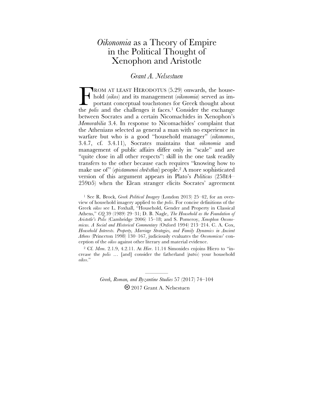 Oikonomia As a Theory of Empire in the Political Thought of Xenophon and Aristotle Grant A