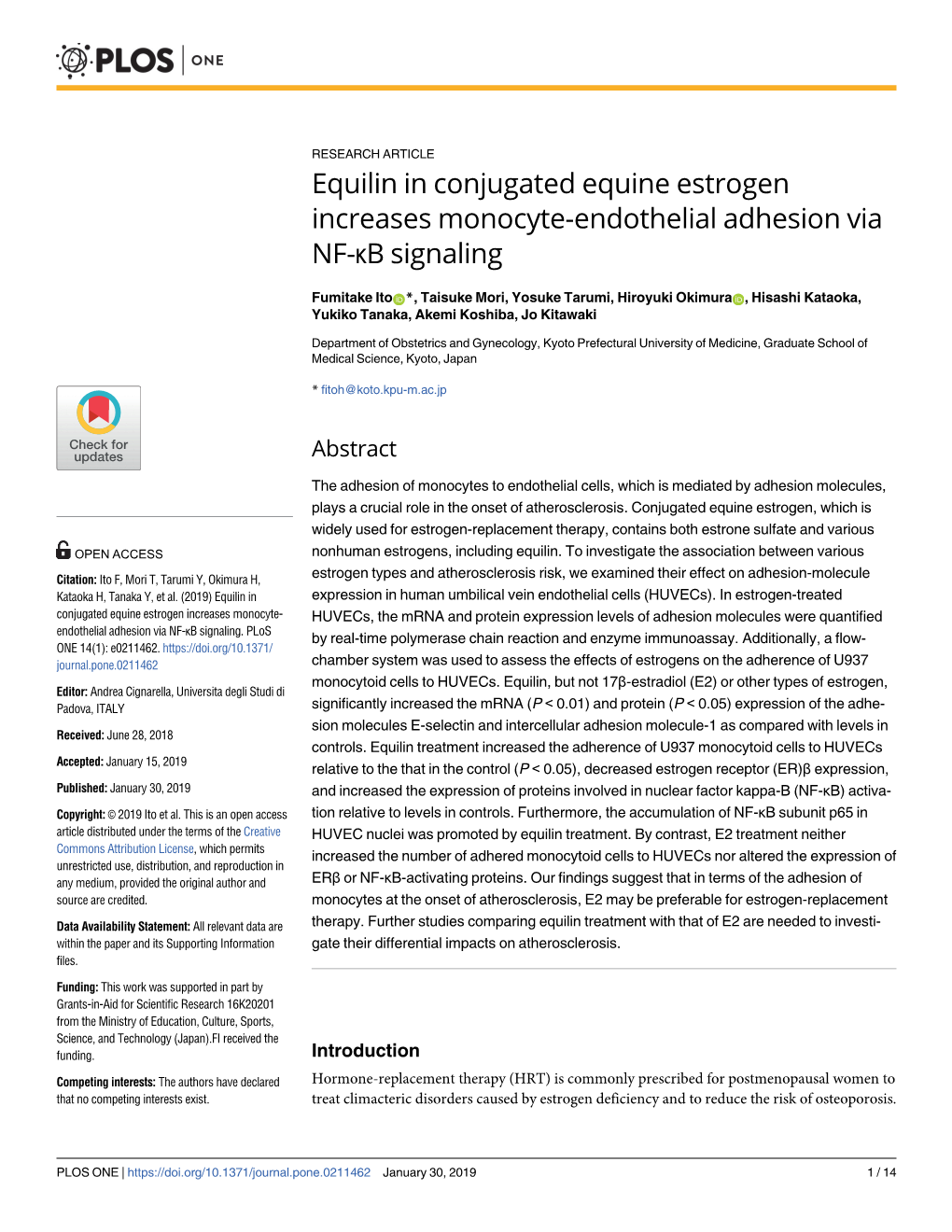 Equilin in Conjugated Equine Estrogen Increases Monocyte-Endothelial Adhesion Via NF-Κb Signaling