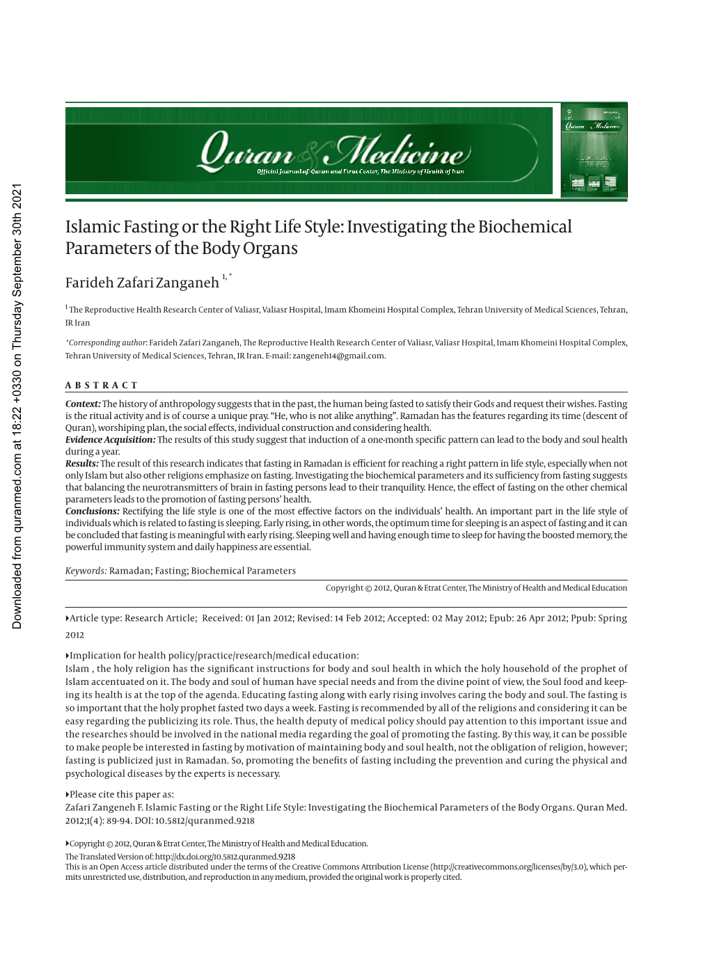 Islamic Fasting Or the Right Life Style: Investigating the Biochemical Parameters of the Body Organs