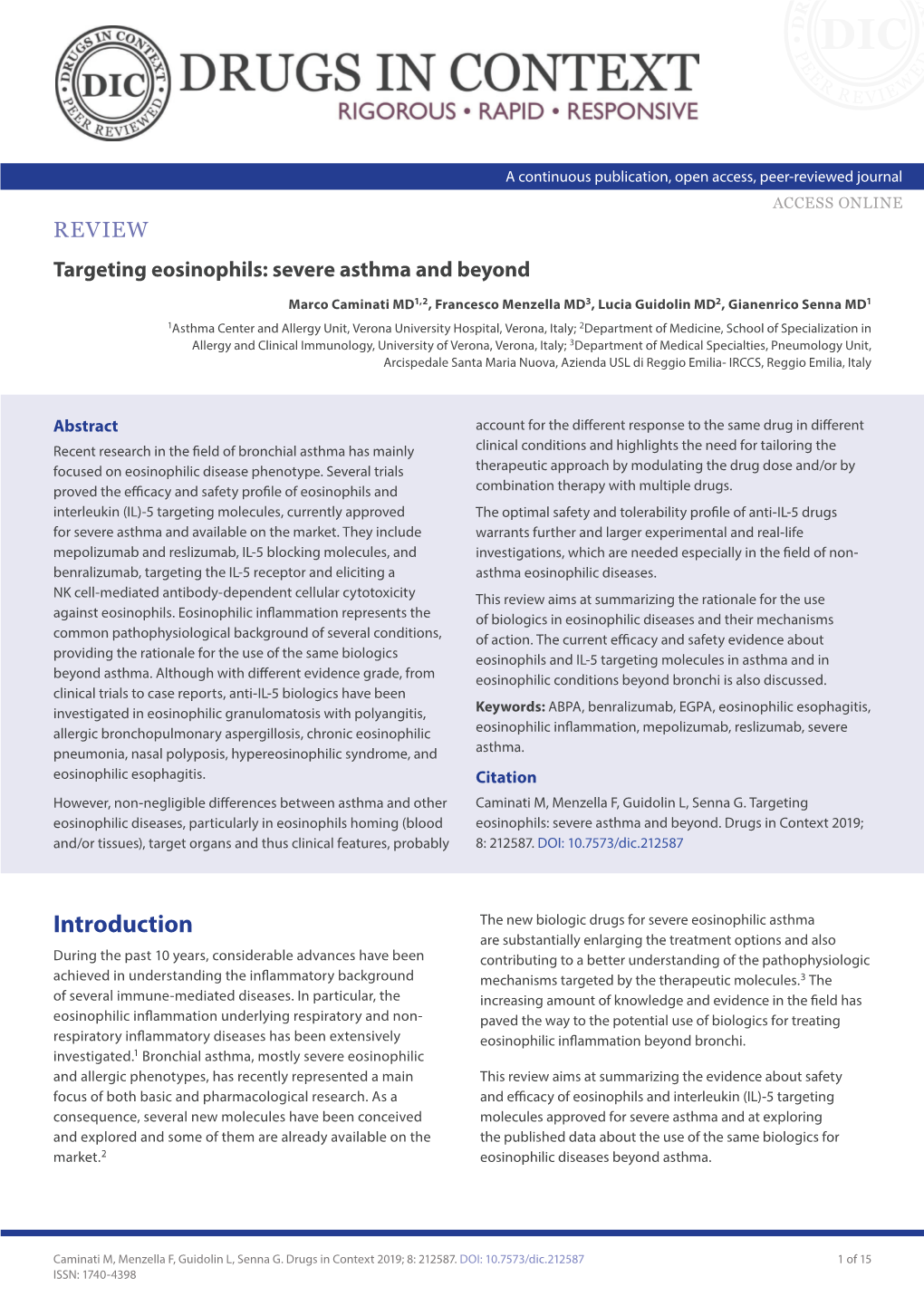 Targeting Eosinophils: Severe Asthma and Beyond