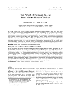 Four Parasitic Crustacean Species from Marine Fishes of Turkey