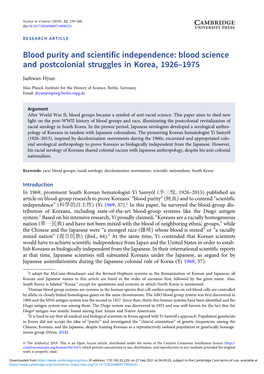 Blood Purity and Scientific Independence: Blood Science and Postcolonial Struggles in Korea, 1926-1975