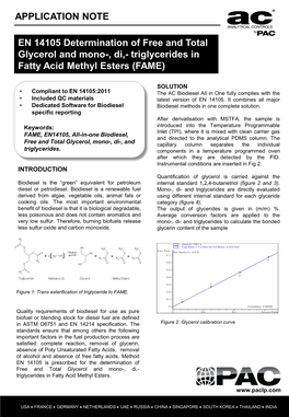 EN 14105 Determination of Free and Total Glycerol and Mono-, Di,- Triglycerides in Fatty Acid Methyl Esters (FAME)