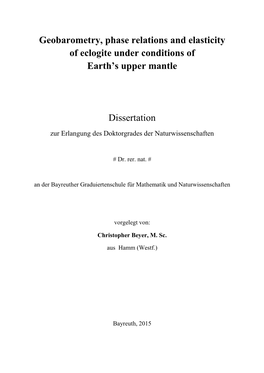 Geobarometry, Phase Relations and Elasticity of Eclogite Under Conditions of Earth’S Upper Mantle