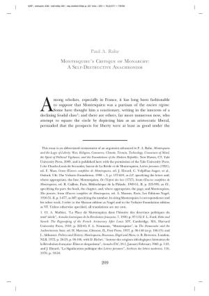 Paul A. Rahe MONTESQUIEU's CRITIQUE of MONARCHY
