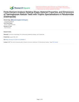 Finite Element Analysis Relating Shape, Material Properties, and Dimensions of Taenioglossan Radular Teeth with Trophic Specialisations in Paludomidae (Gastropoda)