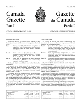 Canada Gazette, Part I, on Jets De Loi D’Intérêt Privé a Été Publié Dans La Partie I De La Gazette October 19, 2013