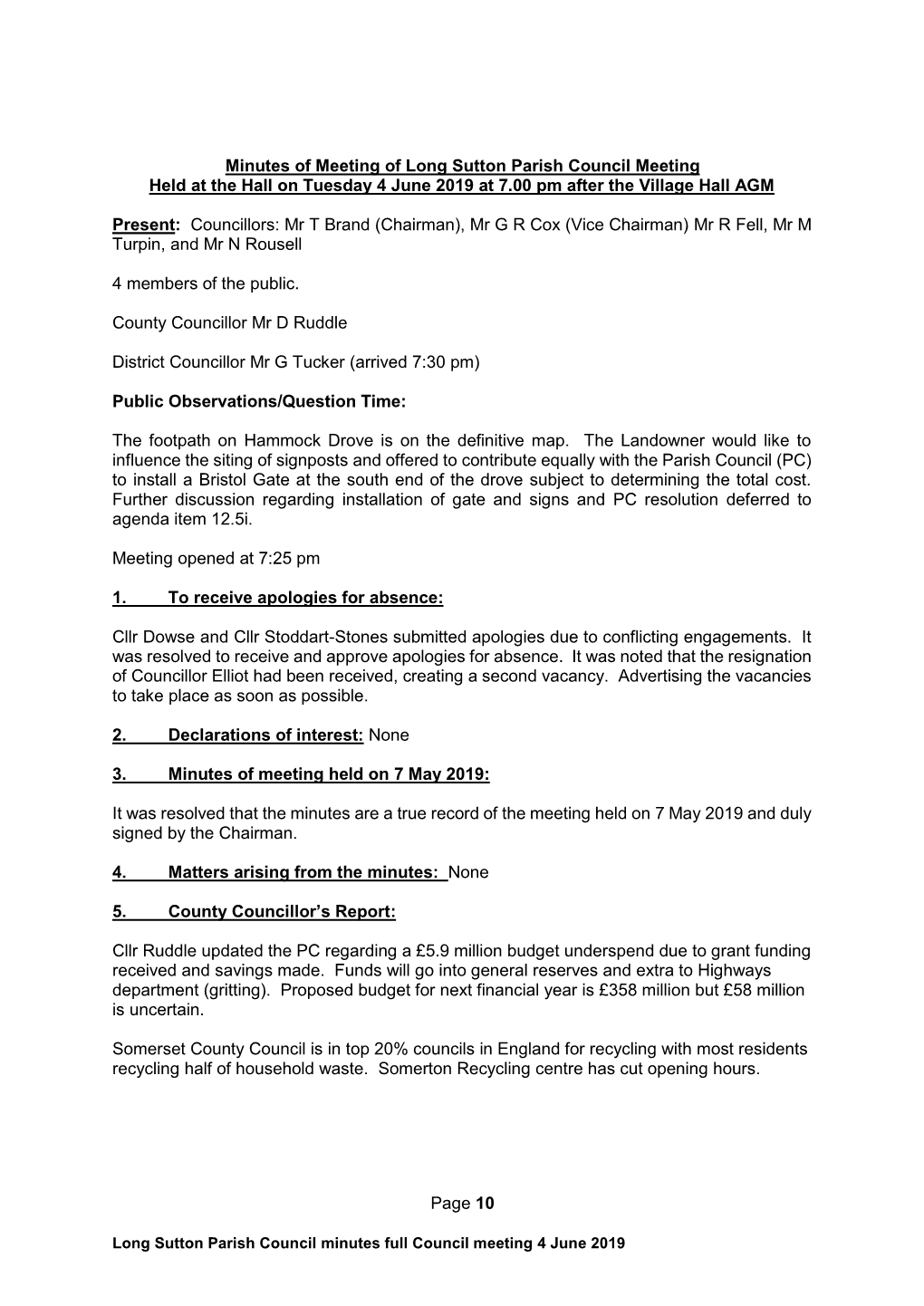 Page 10 Minutes of Meeting of Long Sutton Parish Council Meeting Held