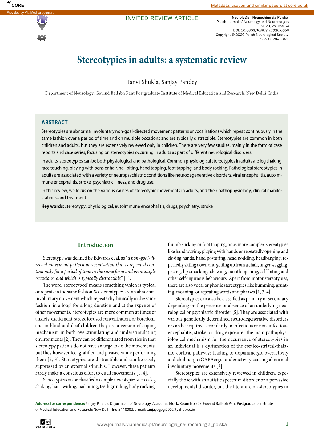 Stereotypies in Adults: a Systematic Review