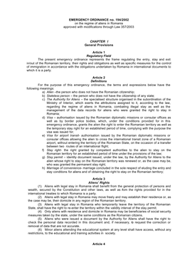 EMERGENCY ORDINANCE No. 194/2002 on the Regime of Aliens in Romania Approved with Modifications Through Law 357/2003