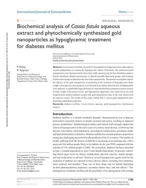 Biochemical Analysis of Cassia Fistula Aqueous Extract and Phytochemically Synthesized Gold Nanoparticles As Hypoglycemic Treatment for Diabetes Mellitus