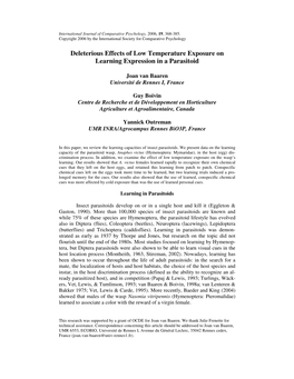 Deleterious Effects of Low Temperature Exposure on Learning Expression in a Parasitoid