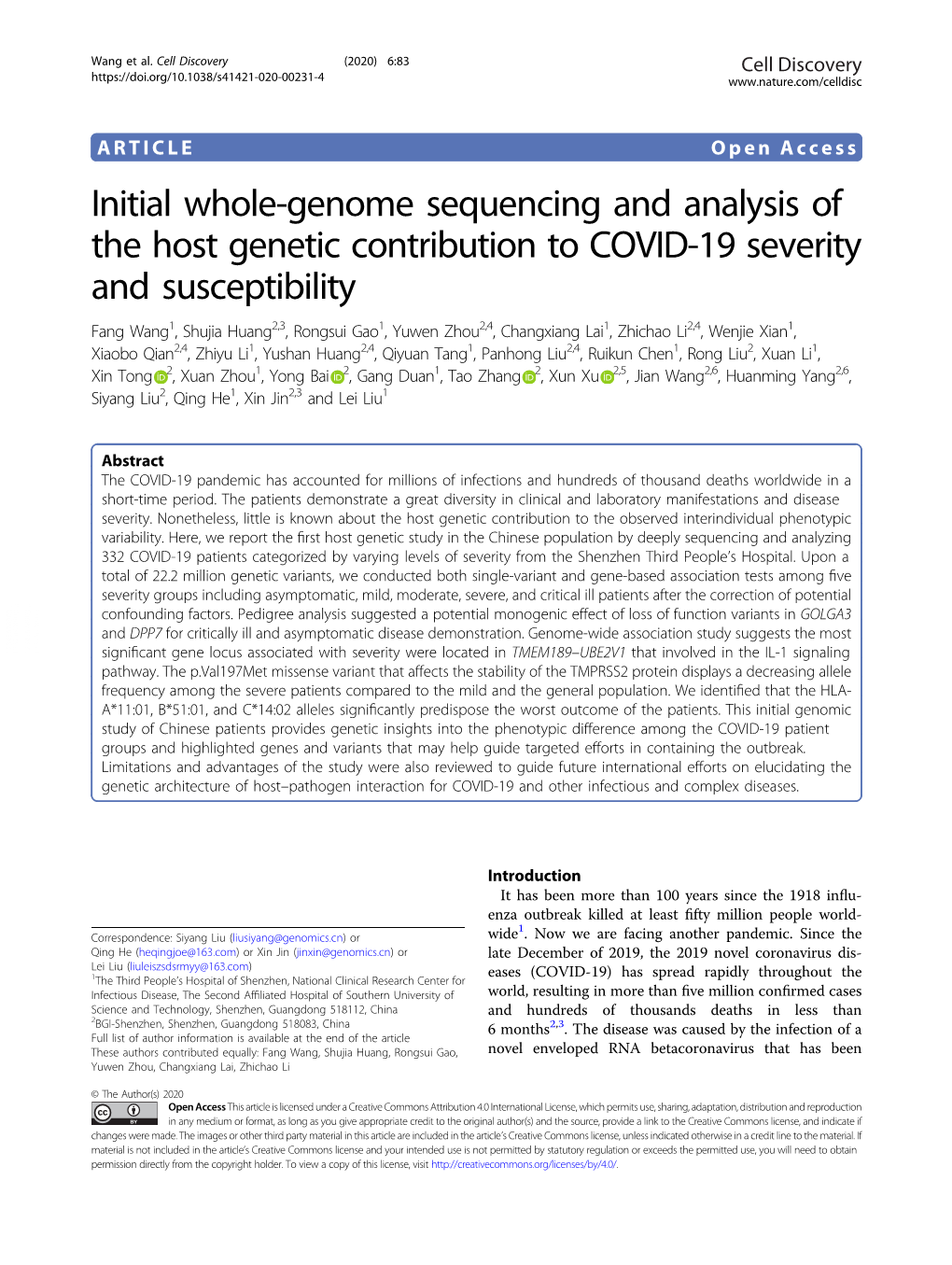 Initial Whole-Genome Sequencing and Analysis of the Host Genetic