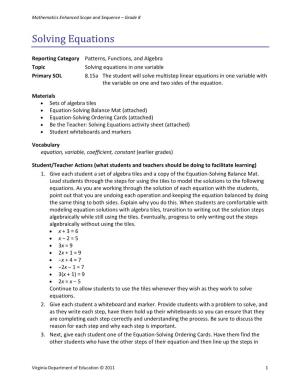 Solving Equations; Patterns, Functions, and Algebra; 8.15A
