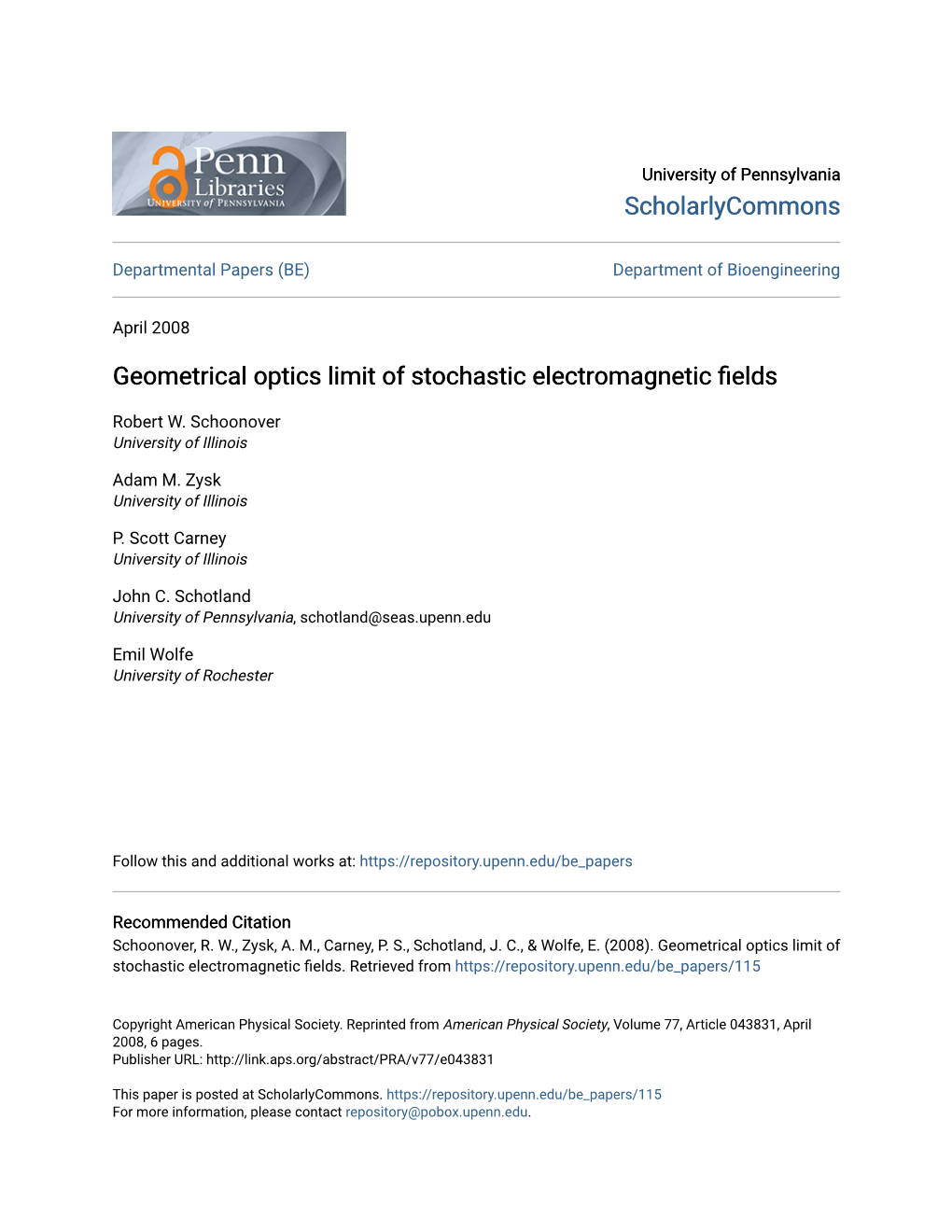 Geometrical Optics Limit of Stochastic Electromagnetic Fields