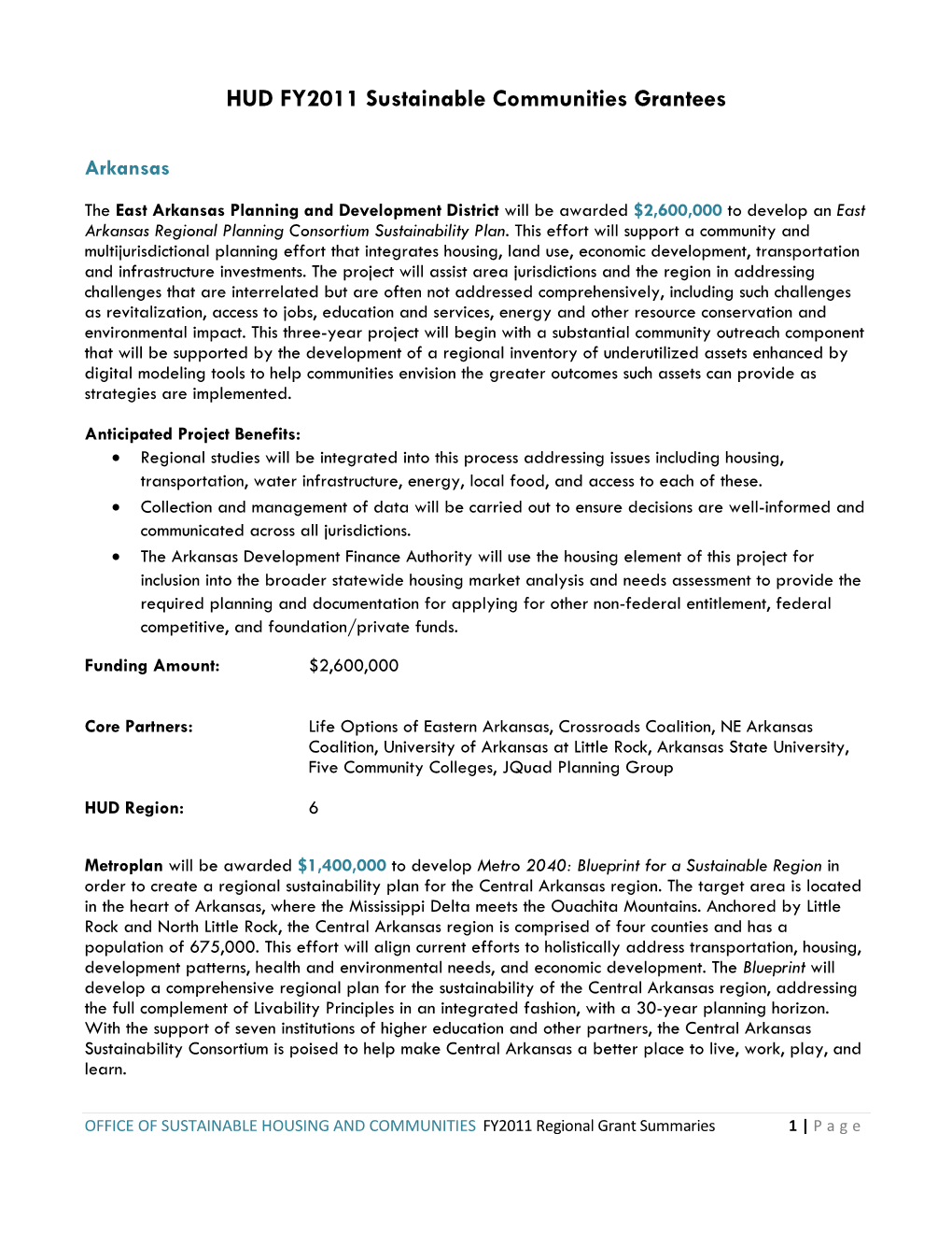 HUD FY2011 Sustainable Communities Grantees