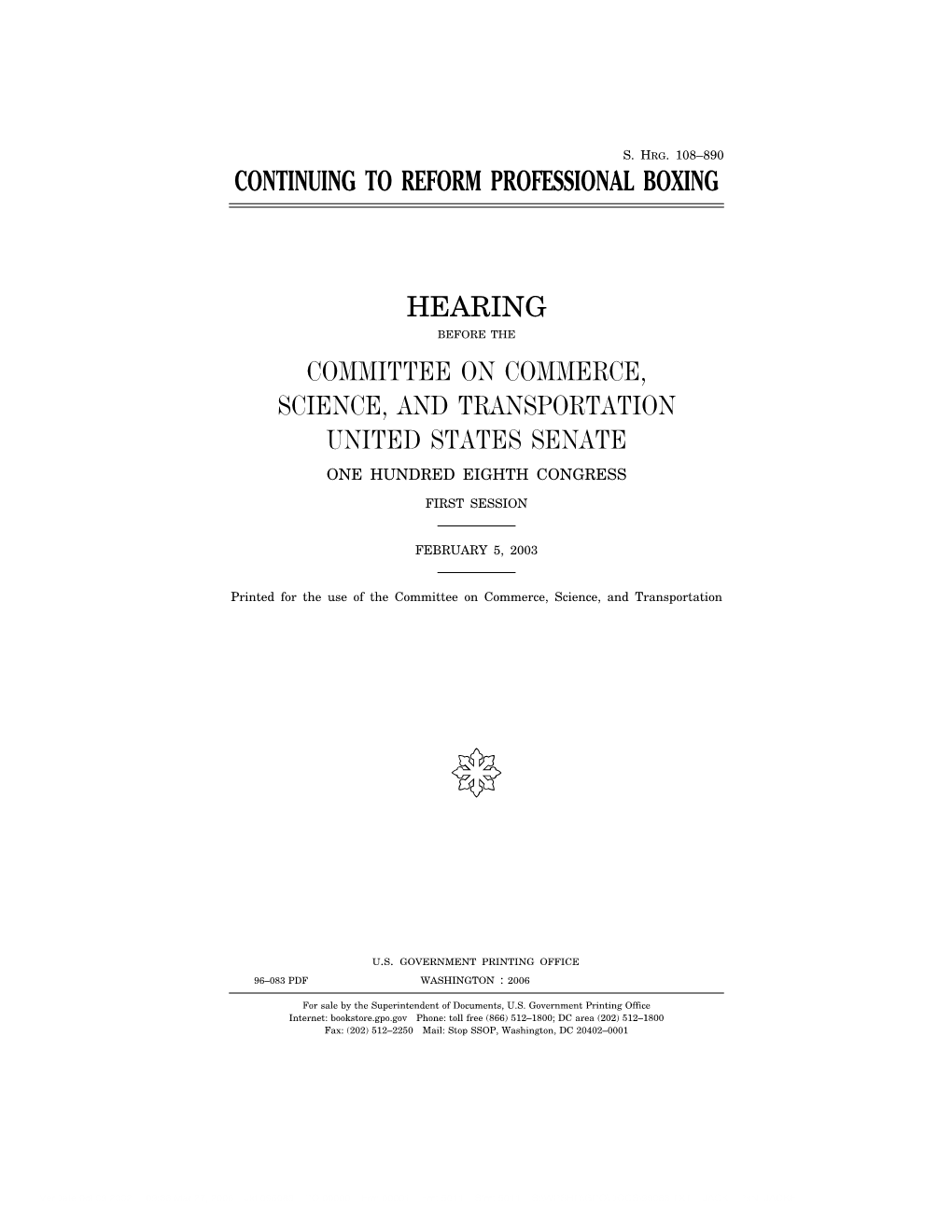 Continuing to Reform Professional Boxing Hearing Committee on Commerce, Science, and Transportation United States Senate