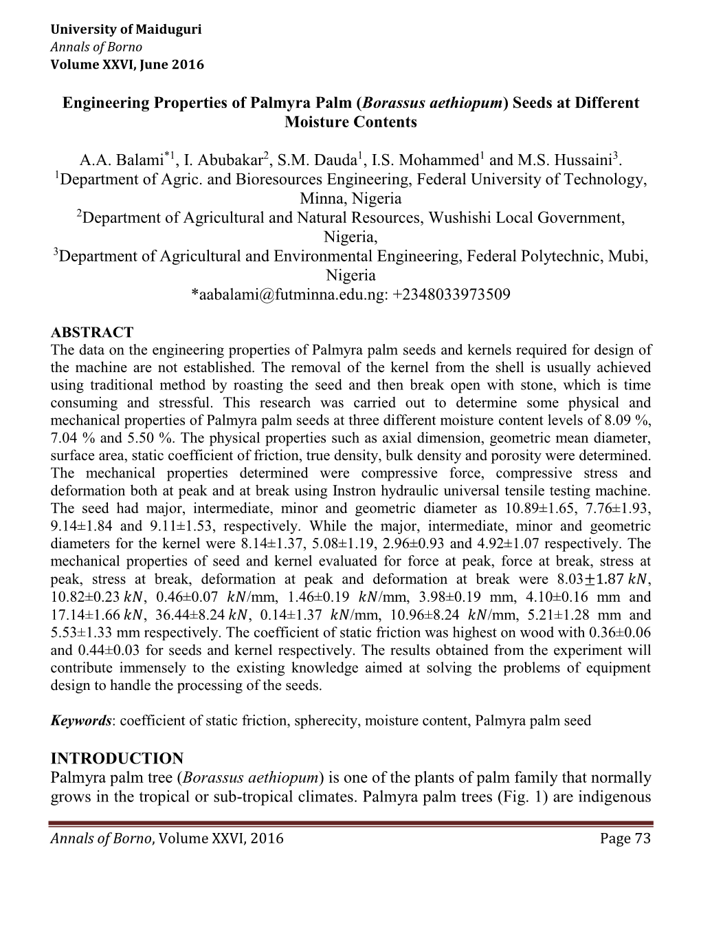 Engineering Properties of Palmyra Palm (Borassus Aethiopum) Seeds at Different Moisture Contents