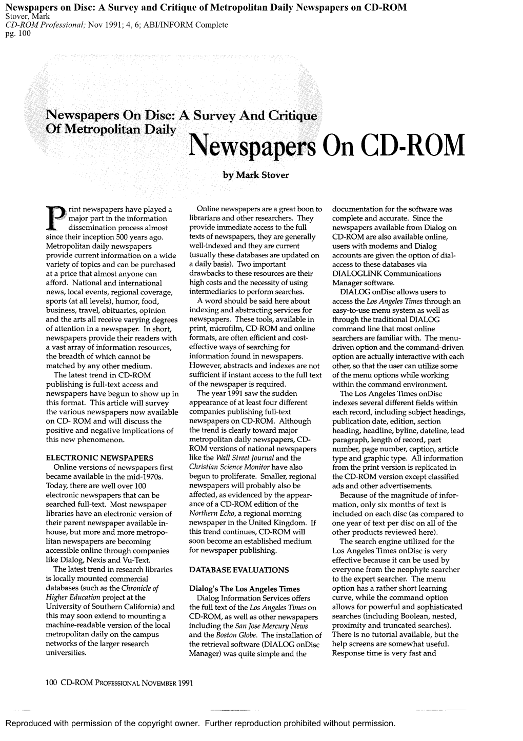 Newspapers on CD-ROM Stover, Mark CD-ROM Professional; Nov 1991; 4, 6; ABI/INFORM Complete Pg