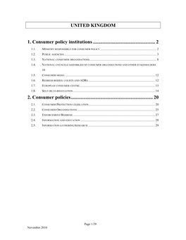 UNITED KINGDOM 1. Consumer Policy Institutions