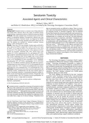 Serotonin Toxicity Associated Agents and Clinical Characteristics