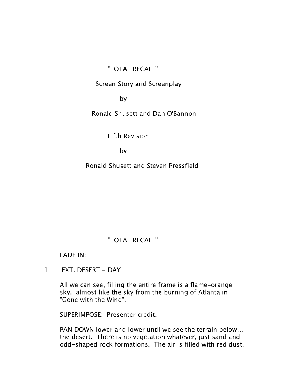 "TOTAL RECALL" Screen Story and Screenplay by Ronald Shusett And