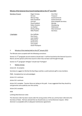Minutes of the Somerset Area Council Meeting Held on the 15Th June 2015