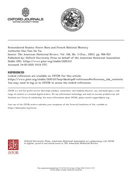 Pierre Nora and French National Memory Author(S): Hue-Tam Ho Tai Source: the American Historical Review, Vol