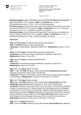 Sanctions Program: Syrien: Verordnung Vom 8. Juni 2012 Über Massnahmen Gegenüber Syrien (SR 946.231.172.7), Anhang 7 Origin: EU Sanctions: Art