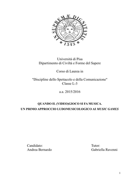 Andrea Bernardo, Quando Il (Video)Gioco Si Fa Musica. Un Primo Approccio Ludomusicologico Ai Music Games