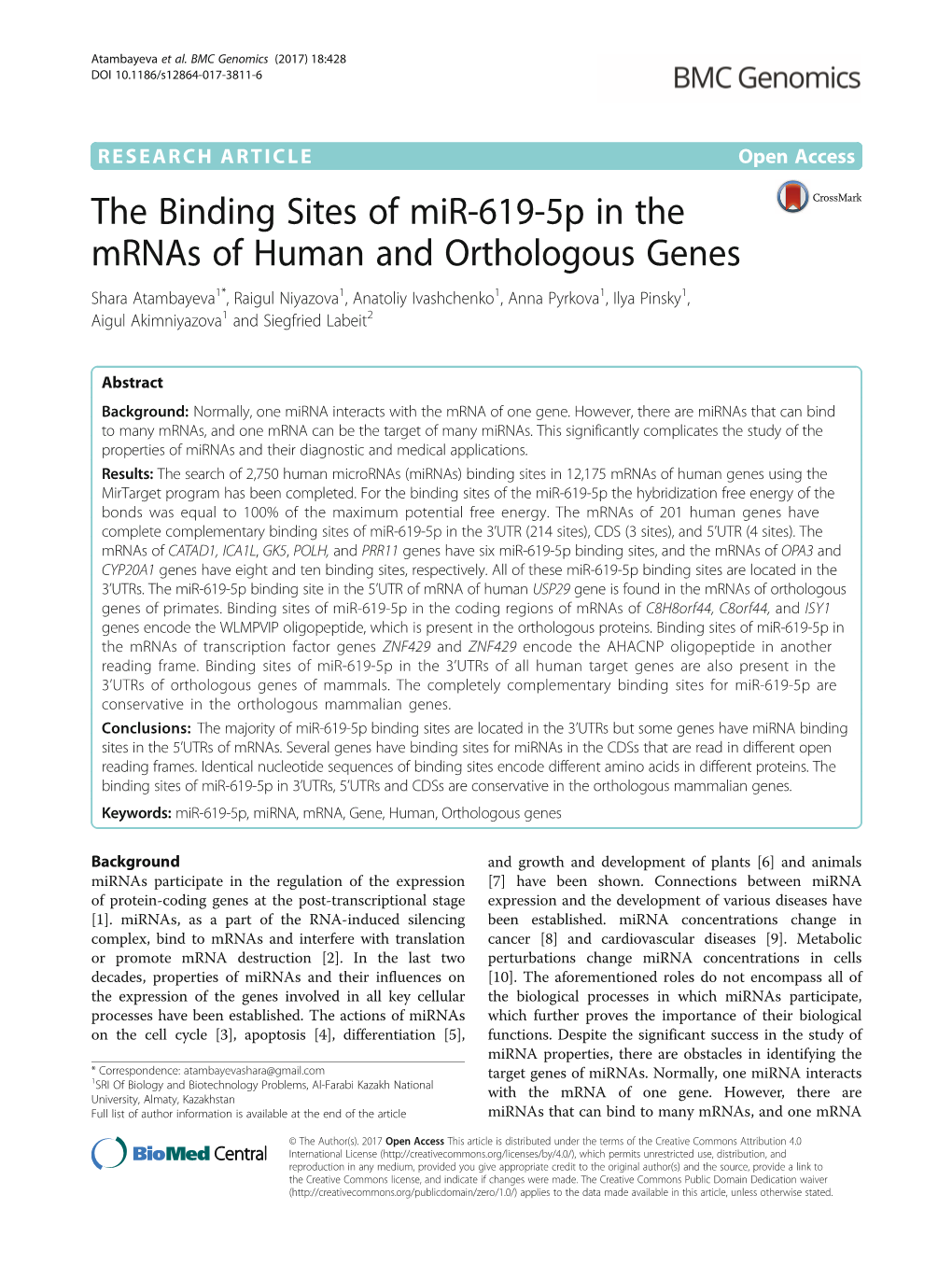 The Binding Sites of Mir-619-5P in the Mrnas Of