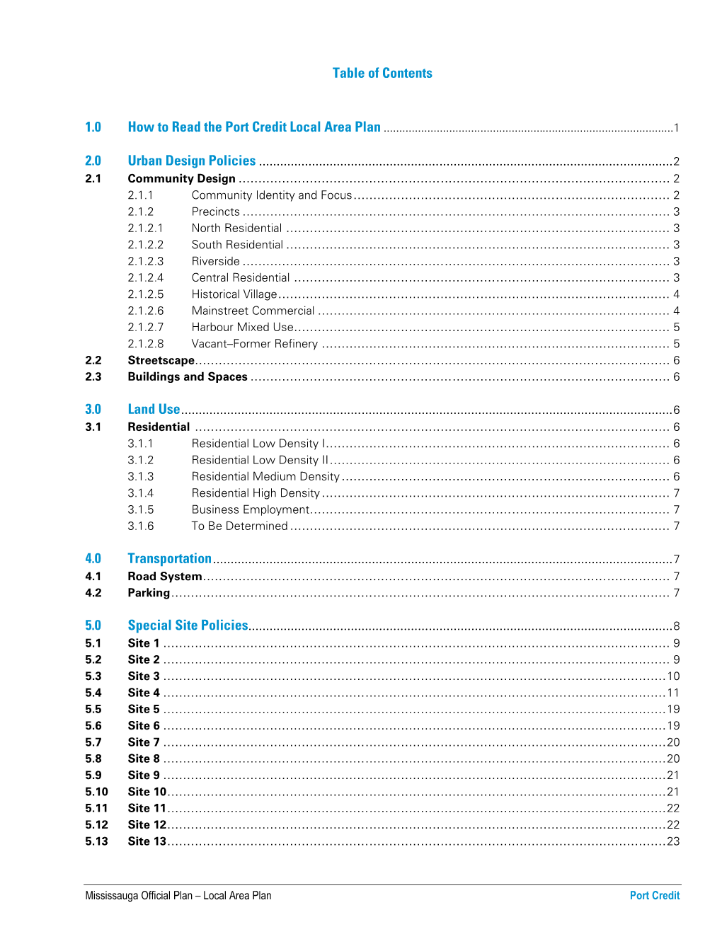 Table of Contents 1.0 How to Read the Port Credit Local Area Plan