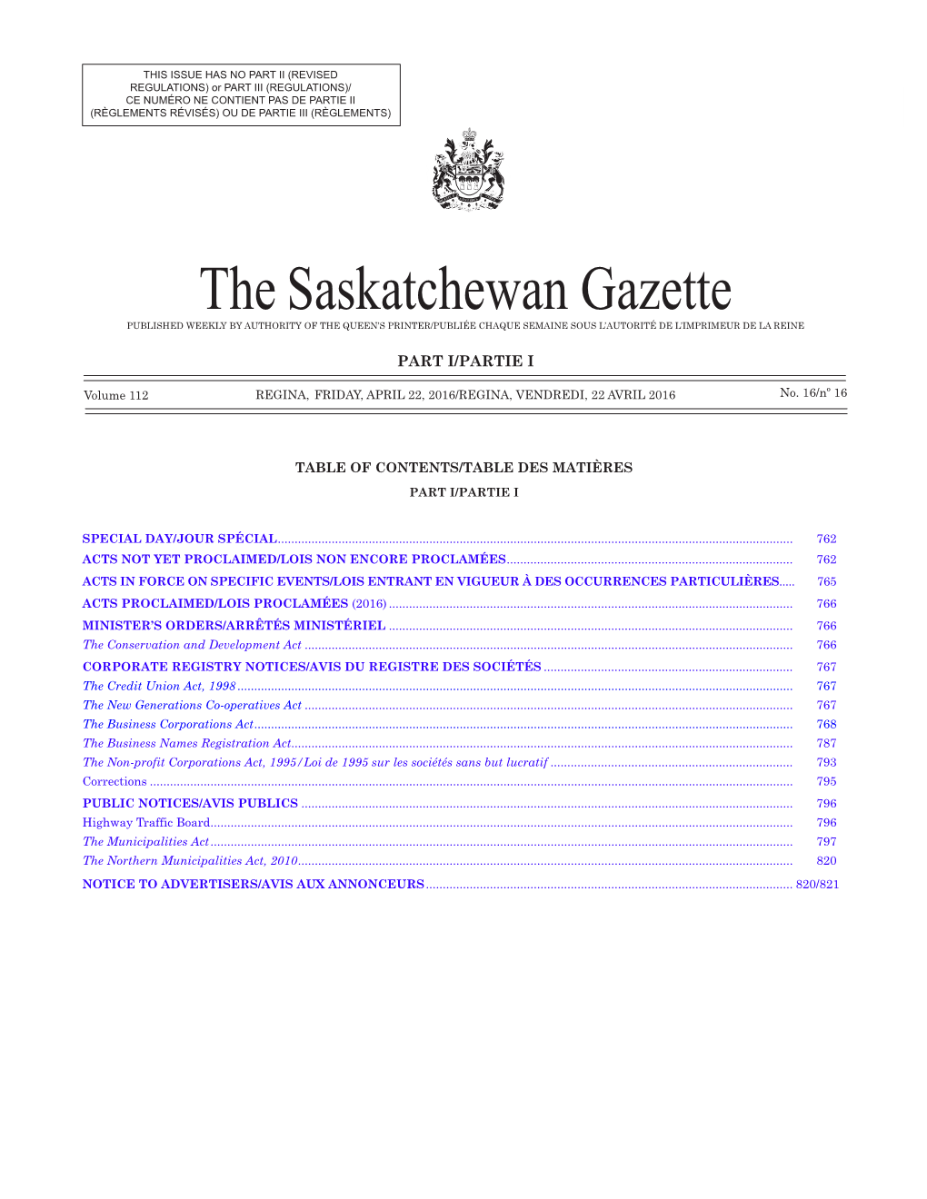 The Saskatchewan Gazette, April 22, 2016