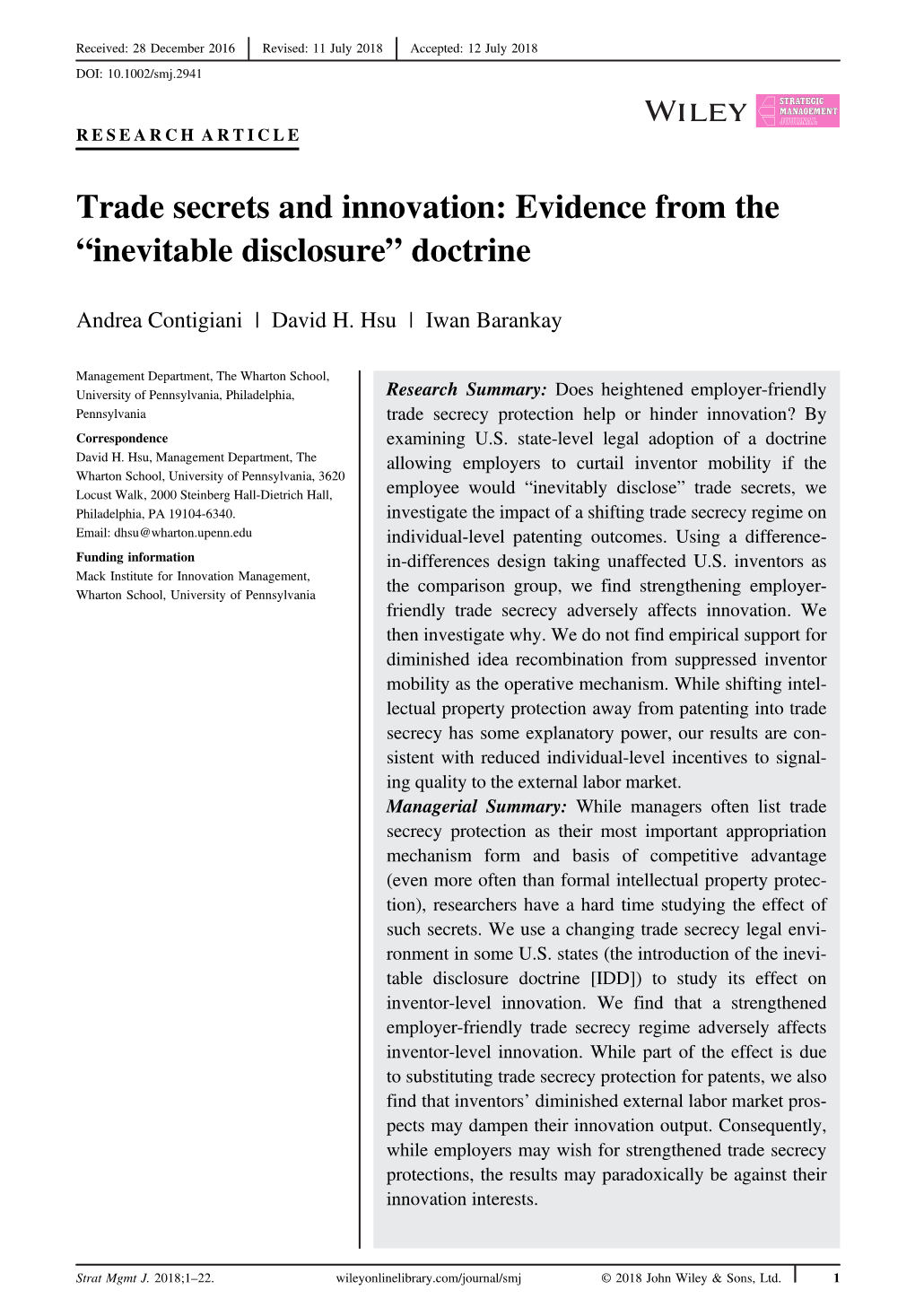 Trade Secrets and Innovation: Evidence from the “Inevitable Disclosure” Doctrine