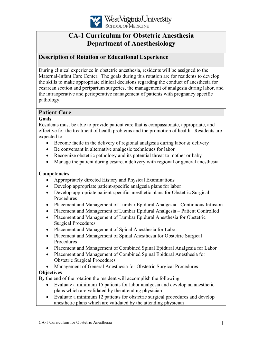 CA-1 Curriculum for Obstetric Anesthesia Department of Anesthesiology