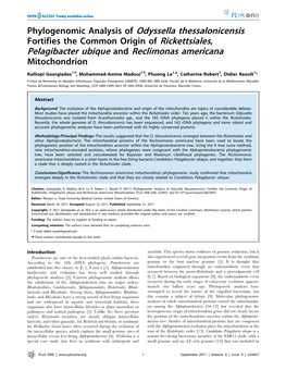 Phylogenomic Analysis of Odyssella Thessalonicensis Pelagibacter