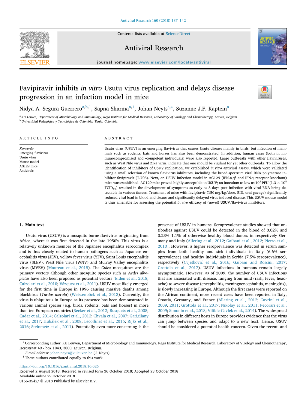 Favipiravir Inhibits in Vitro Usutu Virus Replication and Delays Disease Progression in an Infection Model in Mice T