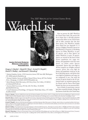 The 2007 Watchlist for United States Birds Watchlist Here We Present the 2007 Watchlist for United States Birds