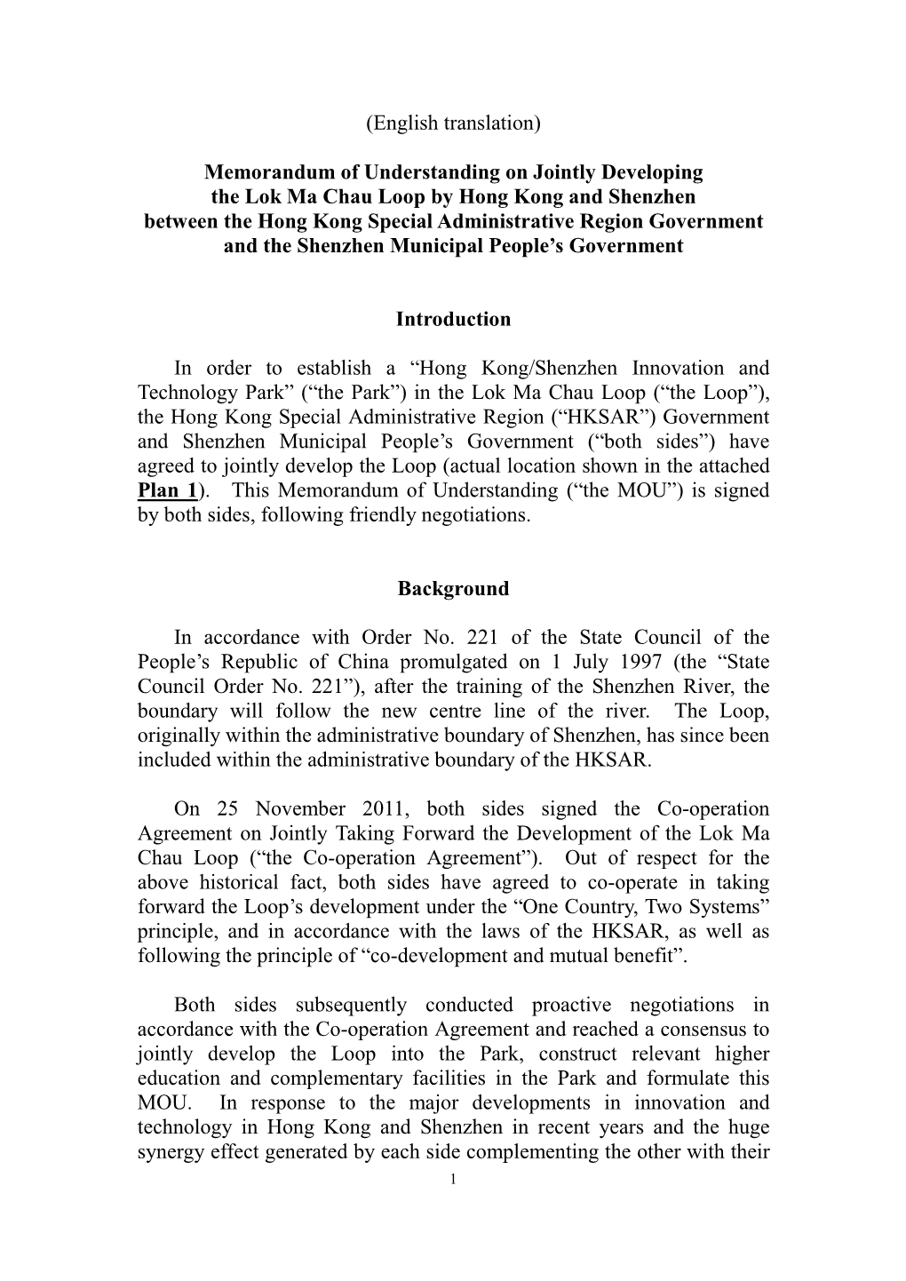 Memorandum of Understanding on Jointly Developing the Lok Ma