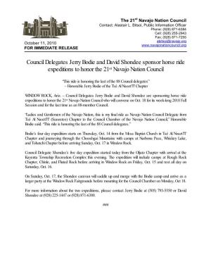 Council Delegates Jerry Bodie and David Shondee Sponsor Horse Ride Expeditions to Honor the 21St Navajo Nation Council