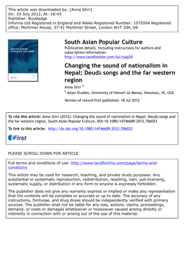 Changing the Sound of Nationalism in Nepal: Deudā Songs and the Far Western Region