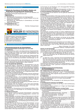Weiler Bei Monzingen (4) Die Benutzer Haften Für Alle Schäden Und Verluste, Die Der Ortsge- Telefon: 06754 8110, Mobil: 0171 7063828 Meinde Weiler B