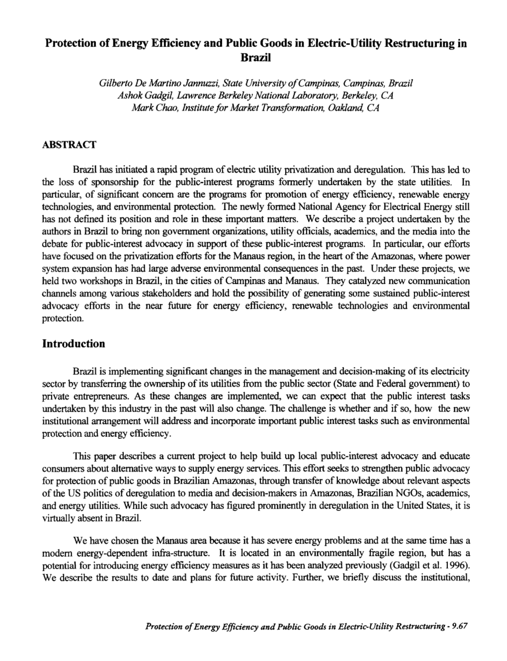 Protection of Energy Efficiency and Public Goods in Electric-Utility Restructuring in Brazil