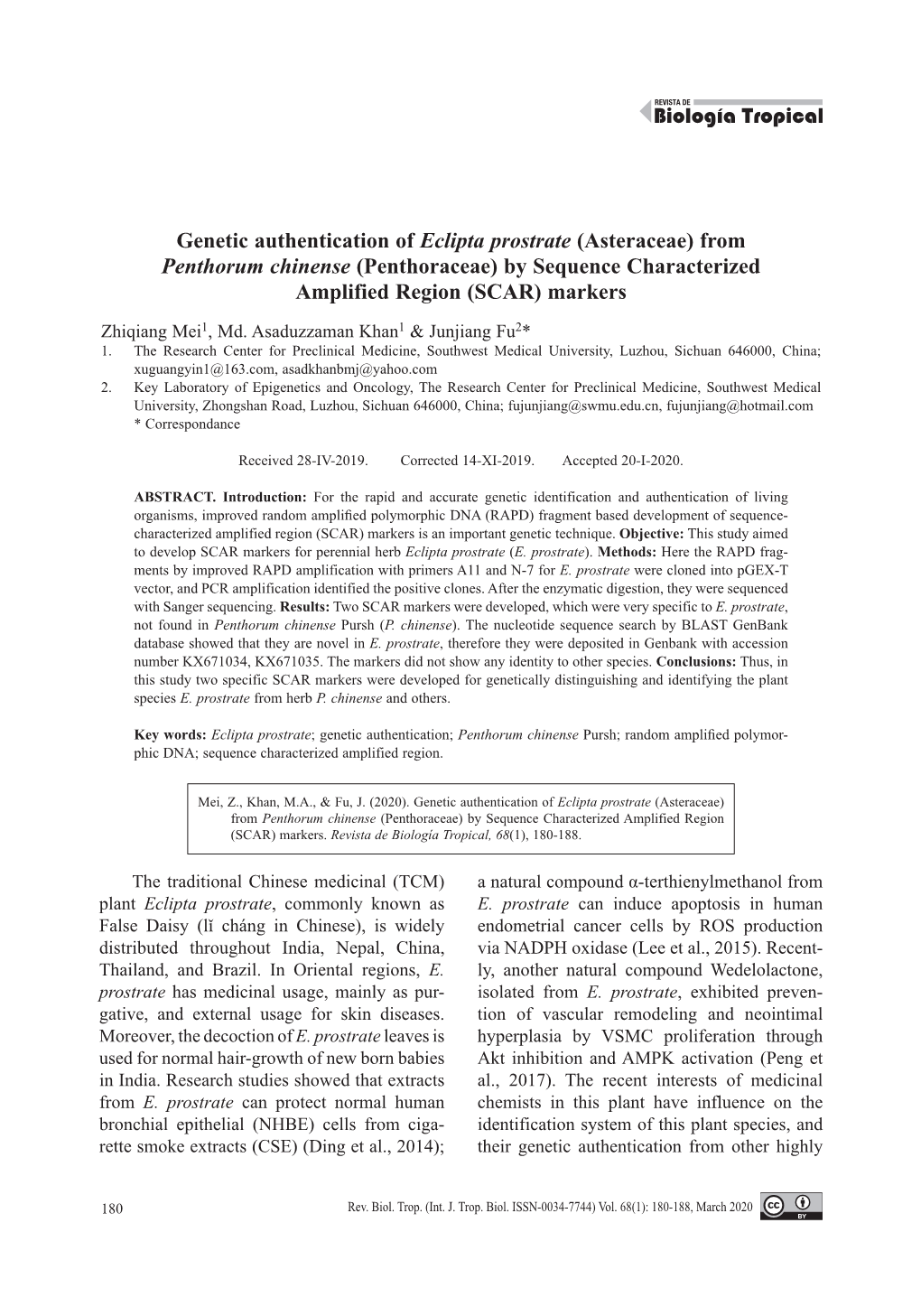 Genetic Authentication of Eclipta Prostrate (Asteraceae) from Penthorum Chinense (Penthoraceae) by Sequence Characterized Amplified Region (SCAR) Markers