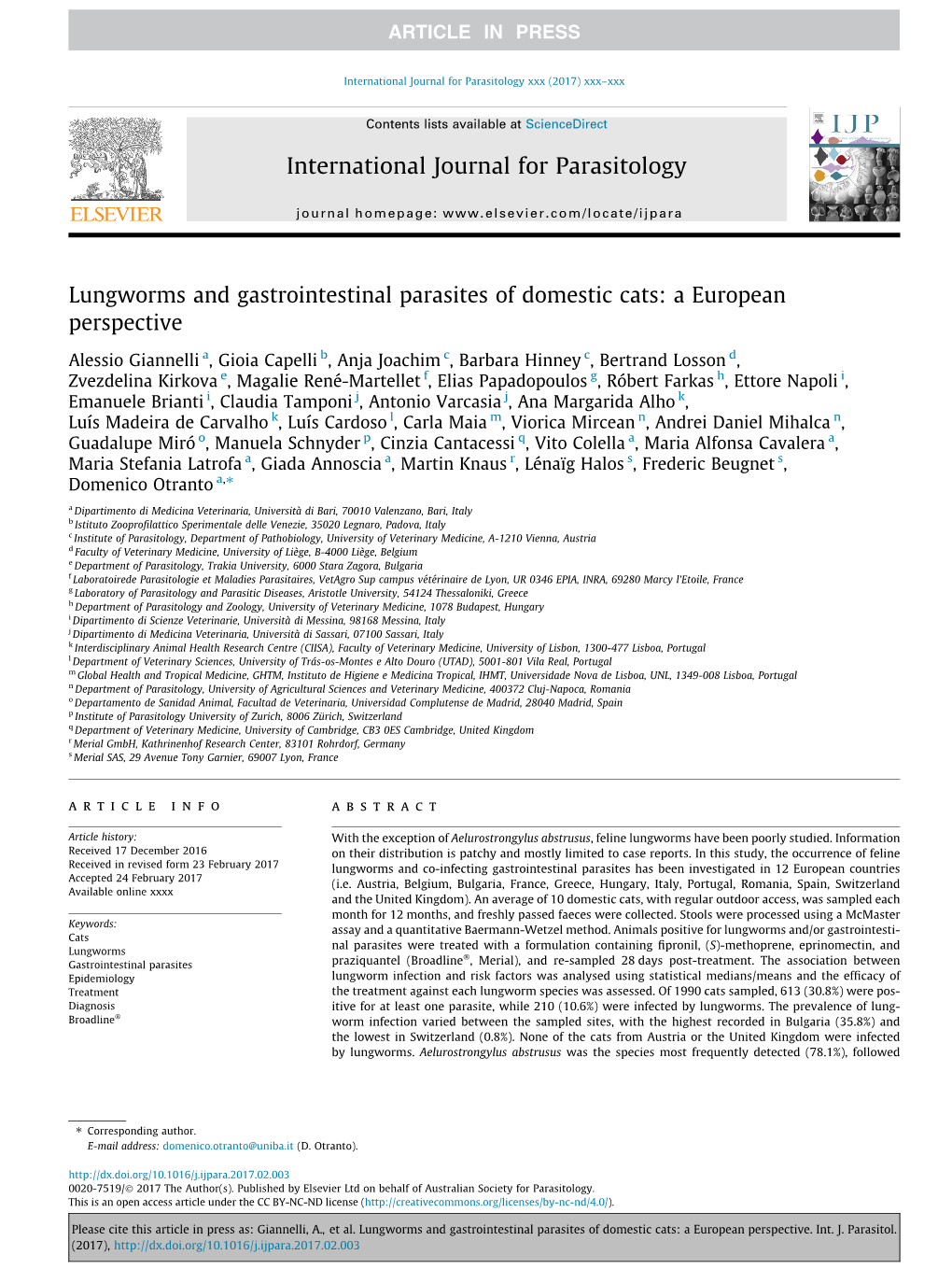 Lungworms and Gastrointestinal Parasites of Domestic Cats: a European Perspective