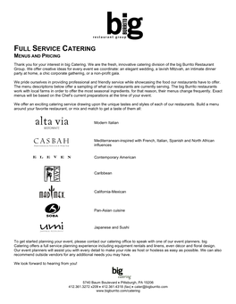 Full Service Catering Menus and Pricing