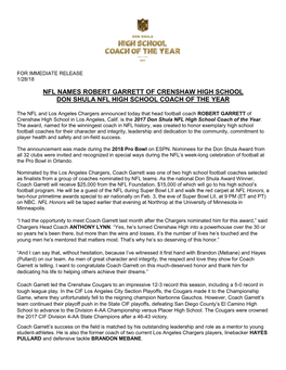 Nfl Names Robert Garrett of Crenshaw High School Don Shula Nfl High School Coach of the Year