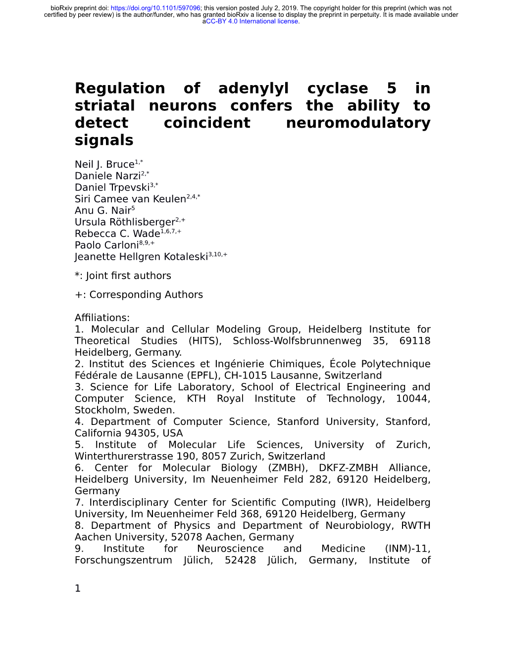 Regulation of Adenylyl Cyclase 5 in Striatal Neurons Confers the Ability to Detect Coincident Neuromodulatory Signals